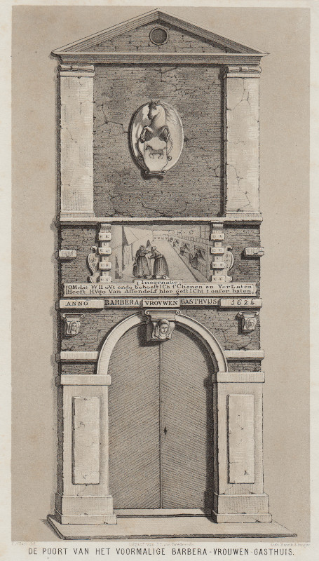 afbeelding van prent De poort van het voormalige Barbera - Vrouwen - Gasthuis van F. Allan, Emrik en Binger (Haarlem)