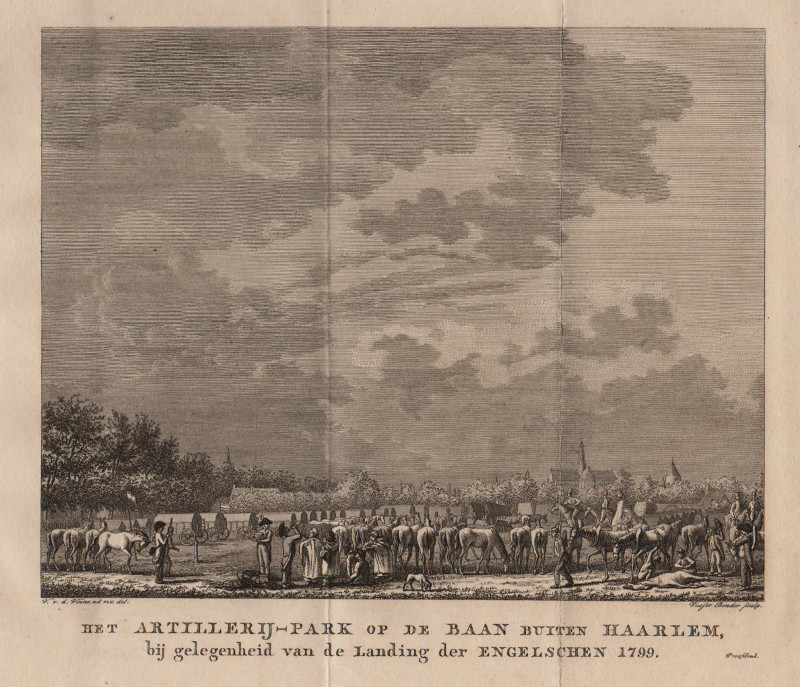 afbeelding van prent Het Artillerij-Park op de Baan buiten Haarlem, bij gelegenheid van de Landing der Engelschen 1799 van V. v.d. Vinne, J.P. Visser Bender (Haarlem)