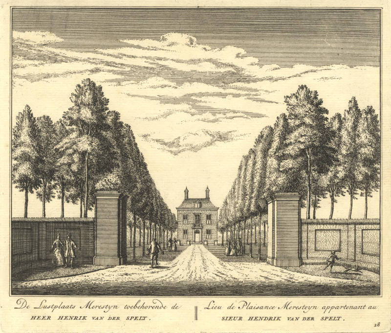 afbeelding van prent De Lustplaats Merestyn toebehorende de Heer Henrik van der Spelt van A. Rademaker (Beverwijk)