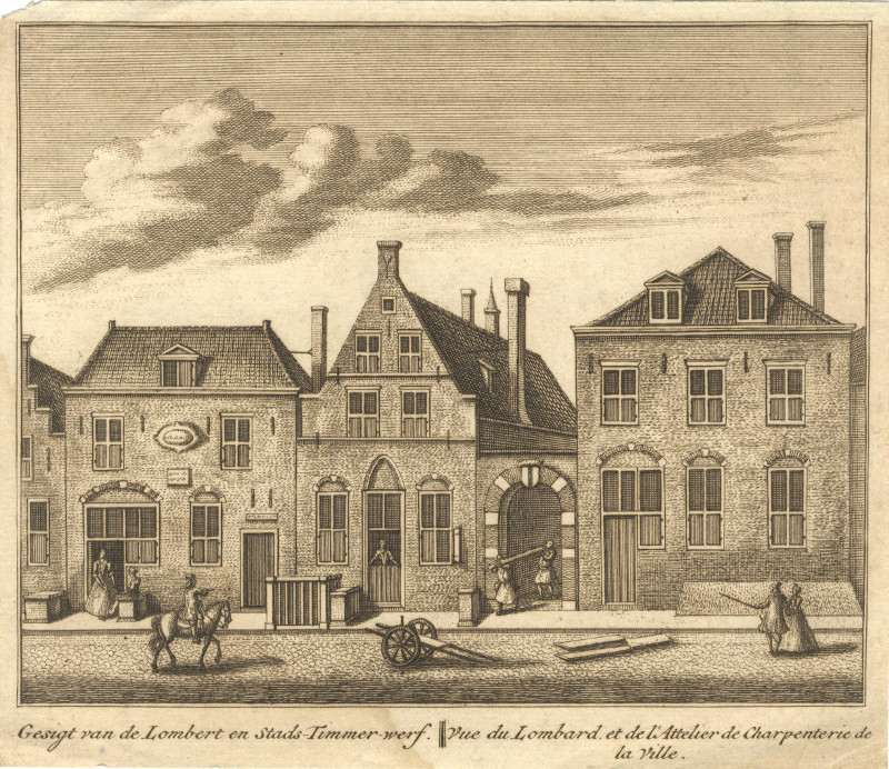 afbeelding van prent Gesigt van de Lombert en Stads-Timmerwerf van A. Rademaker (Delft)