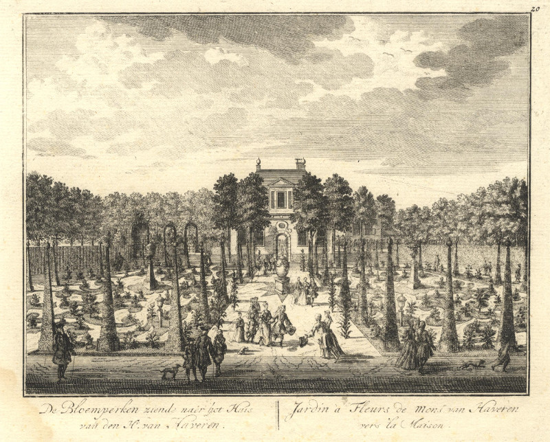 afbeelding van prent De Bloemperken ziende naer het Huis van den Heer van Haveren van Daniel Stoopendaal (Amsterdam)
