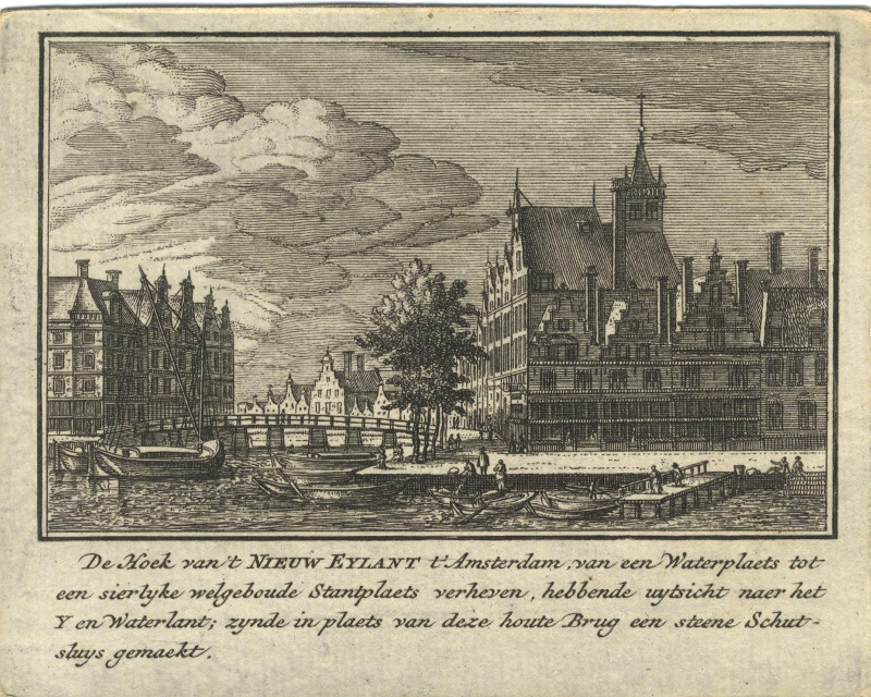 afbeelding van prent De Hoek van ´t Nieuw Eylant t´Amsterdam, van een Waterplaets tot een sierlyke welgeboude van A. Rademaker (Amsterdam)