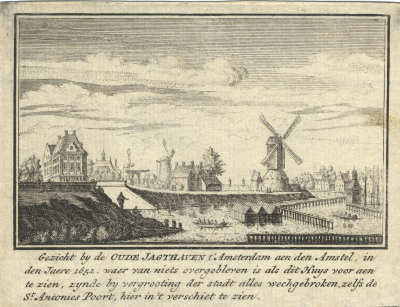 afbeelding van prent Gezicht by de Oude Jagthaven t´Amsterdam aan den Amstel, in den Jaere 1652 van A. Rademaker (Amsterdam)