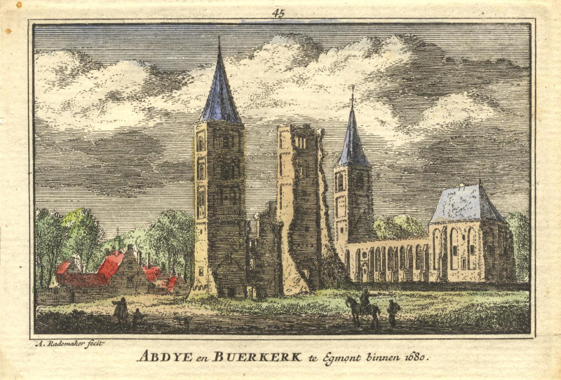 afbeelding van prent Abdye en Buerkerk te Egmont binnen 1680 van A. Rademaker (Egmond)