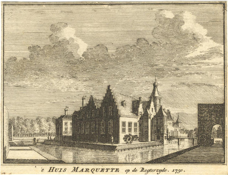 afbeelding van prent ´t Huis Marquette op de Regterzyde, 1750 van H. Spilman, C. Pronk (Heemskerk)