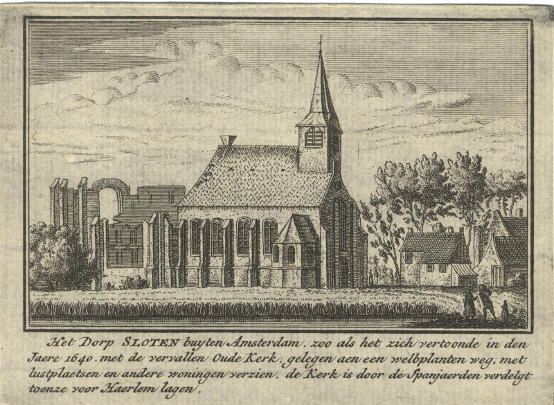 afbeelding van prent Het Dorp Sloten buyten Amsterdam, zoo als het zich vertoonde in den Jaere 1640 van A. Rademaker (Sloten)