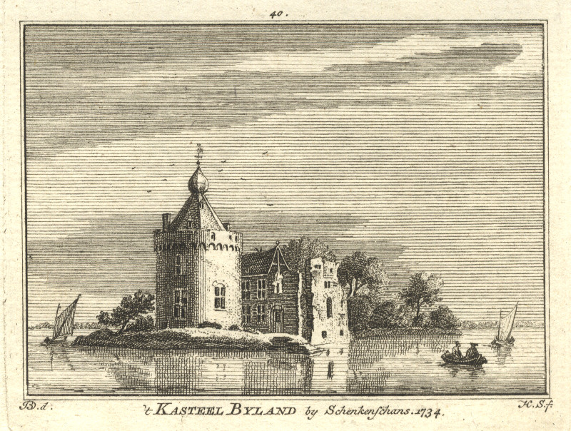afbeelding van prent ´t Kasteel Byland by Schenkenschans 1734 van H. Spilman, J. de Beijer (Schenkenschanz)