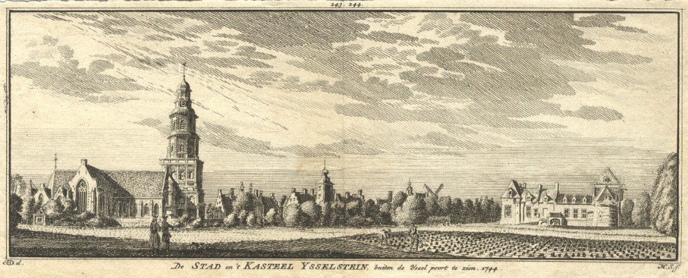 afbeelding van prent De Stad en ´t Kasteel Ysselstein buiten de Yssel poort te zien. 1744 van H. Spilman, J. de Beijer (IJsselstein)