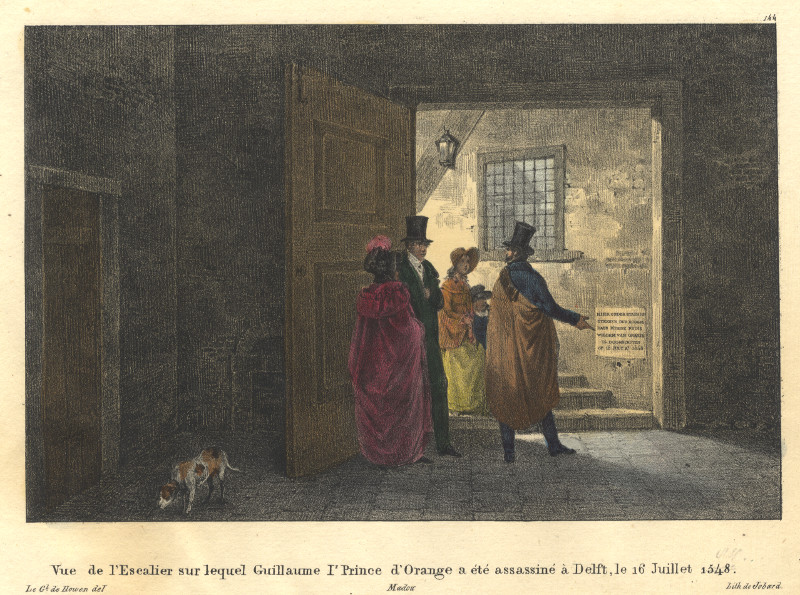 afbeelding van prent Vue de l´Escalier sur lequel Guillaume Ir Prince d´Orange a ete assassine a Delft van J.B. Madou, naar O. Howen (Delft)