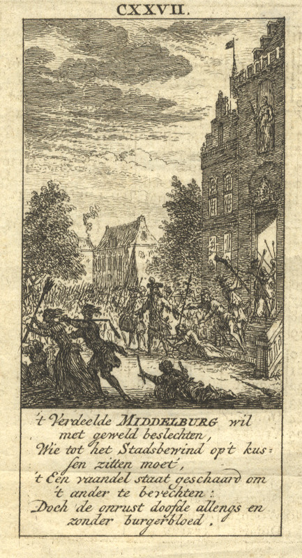 afbeelding van prent ´t Verdeelde Middelburg wil met geweld beslechten, ... van nn (Middelburg)