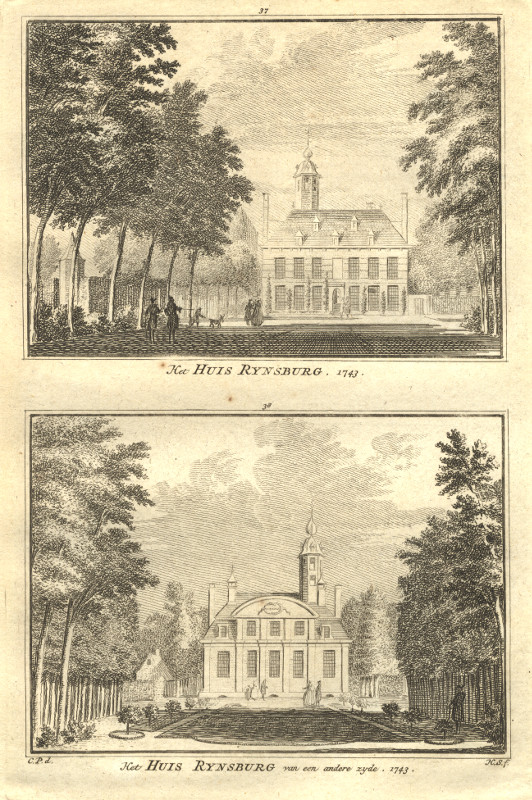 afbeelding van prent Het Huis Rynsburg; het Huis Rynsburg van een andere zyde. 1743 van H. Spilman, C. Pronk (Oostkapelle)