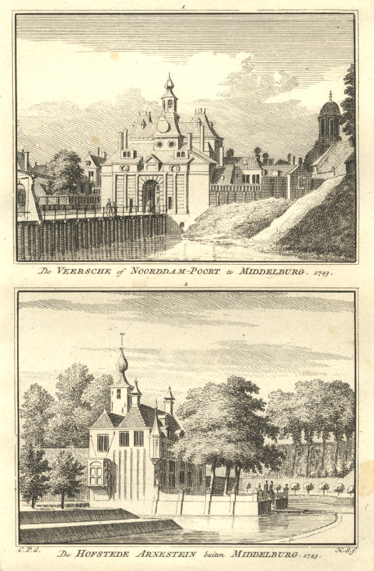 afbeelding van prent De Veersche of Noorddam-poort te Middelburg; De Hofstede Arnestein buiten Middelburg. 1743 van H. Spilman, C. Pronk (Middelburg)