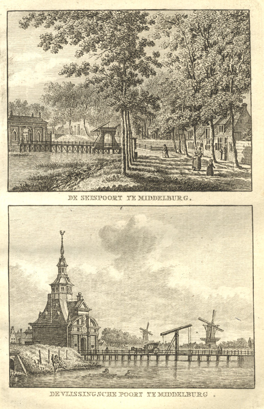 afbeelding van prent De Seispoort te Middelburg; De Vlissingsche poort te Middelburg. van C.F. Bendorp, J. Bulthuis (Middelburg)