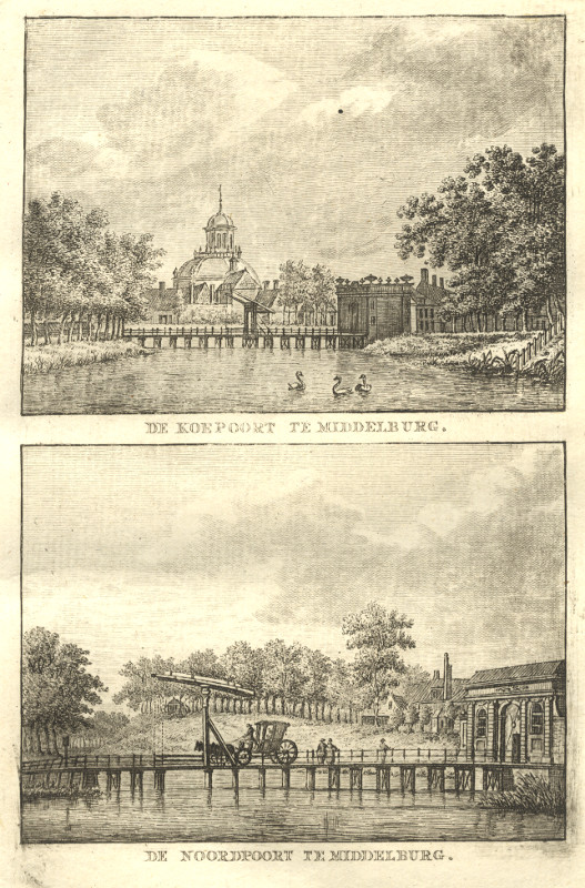 afbeelding van prent De Koepoort te Middelburg; De Noordpoort te Middelburg van C.F. Bendorp, J. Bulthuis (Middelburg)