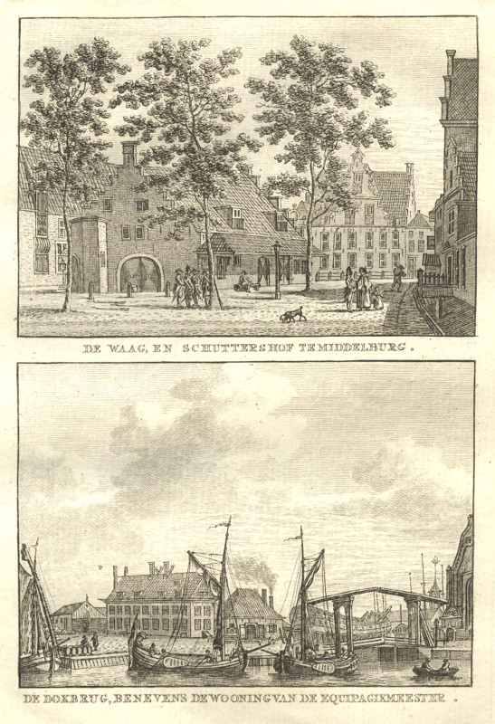 afbeelding van prent De Waag, en Schuttershof te Middelburg; De Dokbrug, benevens de wooning van de Equipagemeester van C.F. Bendorp, J. Bulthuis (Middelburg)