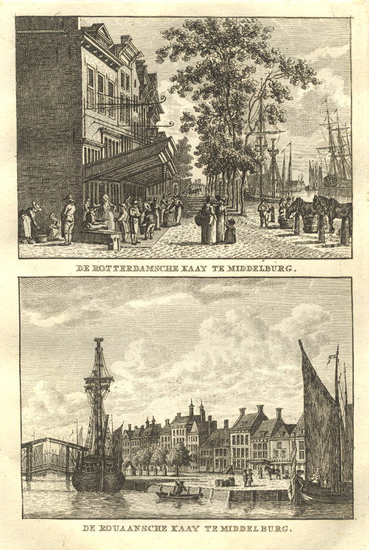 afbeelding van prent De Rotterdamsche Kaay te Middelburg; De Rouaansche Kaay te Middelburg van C.F. Bendorp, J. Bulthuis (Middelburg)