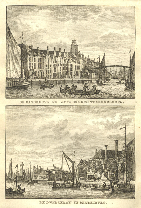 afbeelding van prent De Kinderdyk en Spykerbrug te Middelburg; De Dwarskaay te Middelburg van C.F. Bendorp, J. Bulthuis (Middelburg)