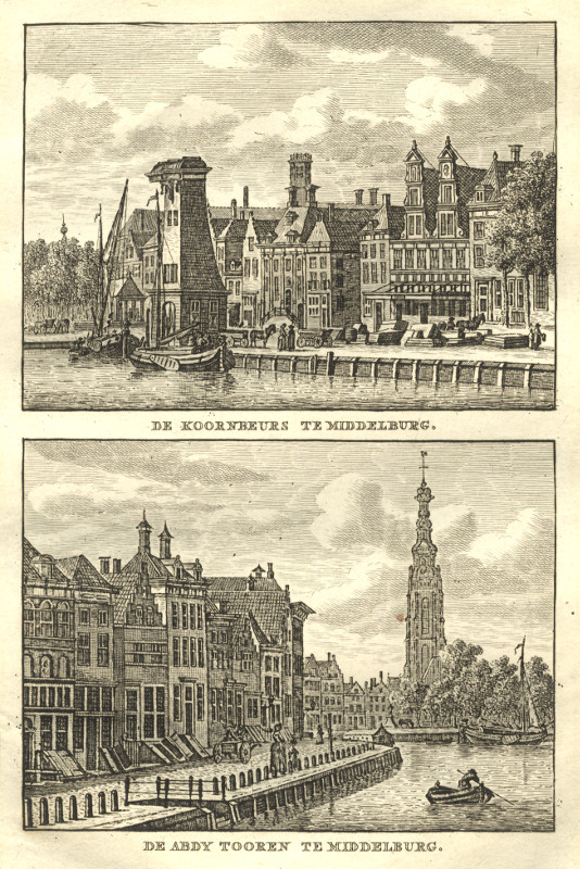 afbeelding van prent De Koornbeurs te Middelburg; De Abdy Tooren te Middelburg van C.F. Bendorp, J. Bulthuis (Middelburg)