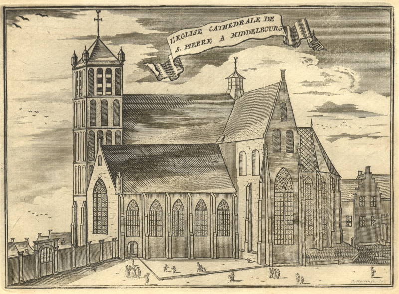afbeelding van prent L´Eglise cathedrale de S. Pierre a Middelbourg van J. Harrewijn (Middelburg)