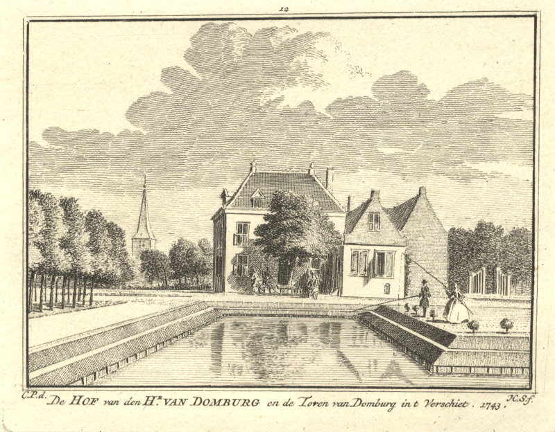 afbeelding van prent De Hof van den Hr. van Domburg en de Toren van Domburg in t Verschiet van H. Spilman, C. Pronk (Domburg)