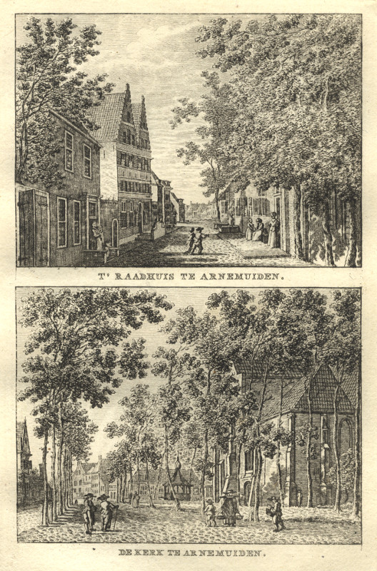 afbeelding van prent T´ Raadhuis te Arnemuiden; De kerk te Arnemuiden van C.F. Bendorp, J. Bulthuis (Arnemuiden)