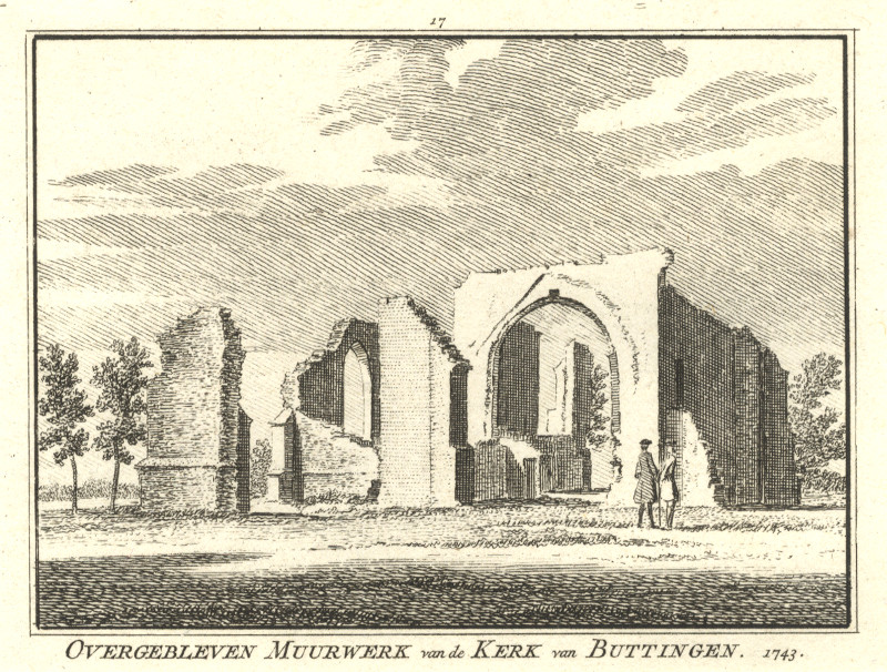 afbeelding van prent Overgebleven muurwerk van de kerk van Buttingen. 1743 van H. Spilman, C. Pronk (Veere)