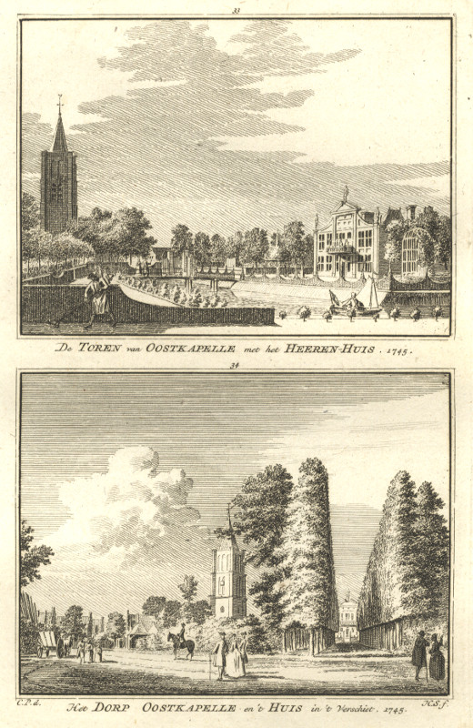 afbeelding van prent De Toren van Oostkapelle met het Heeren-Huis; Het Dorp Oostkapelle en ´t Huis in ´t vers van H. Spilman, C. Pronk (Oostkapelle)