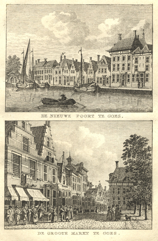 afbeelding van prent De Nieuwe Poort te Goes; De Groote Markt te Goes van C.F. Bendorp, J. Bulthuis (Goes)