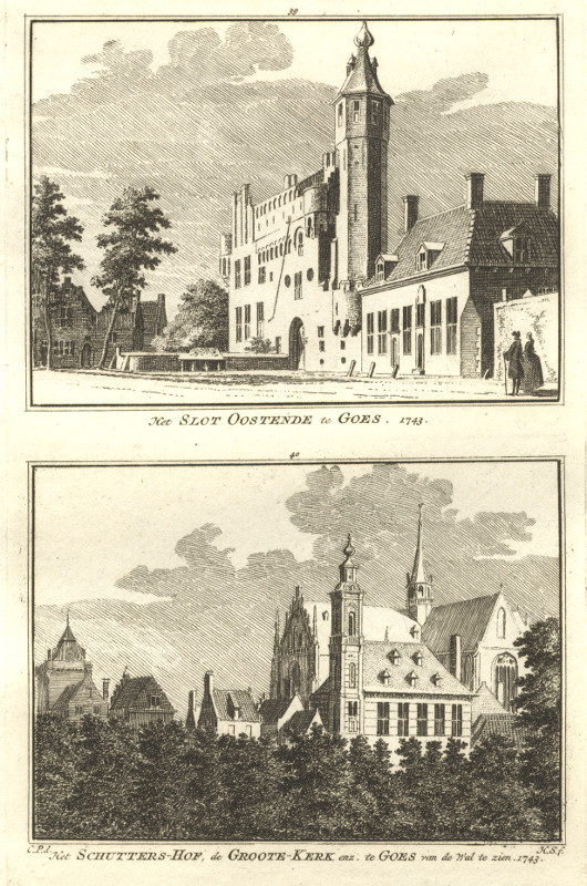 afbeelding van prent Het Slot Oostende te Goes; Het Schutters-Hof, de Groote Kerk enz. te Goes van de Wal te zien 1743 van H. Spilman, C. Pronk (Goes)