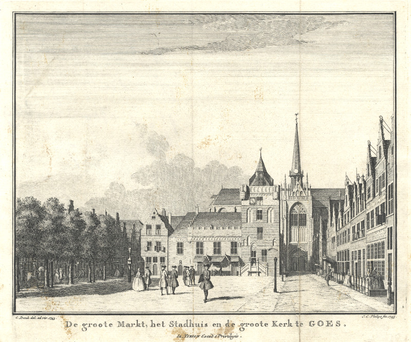 afbeelding van prent De groote Markt, het Stadhuis en de groote Kerk te Goes van C. Pronk, J.C. Philips (Goes)