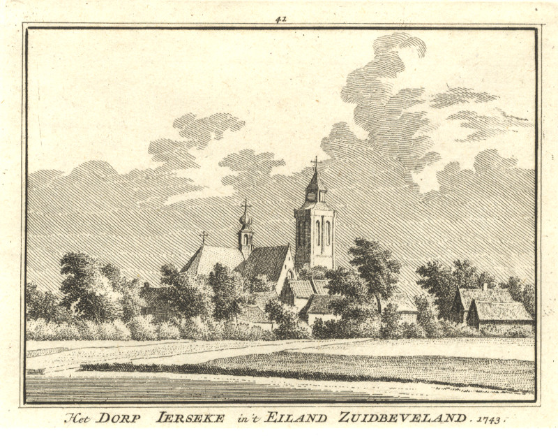 afbeelding van prent Het Dorp Ierseke in  Eiland Zuidbeveland 1743 van H. Spilman, C. Pronk (Yerseke)