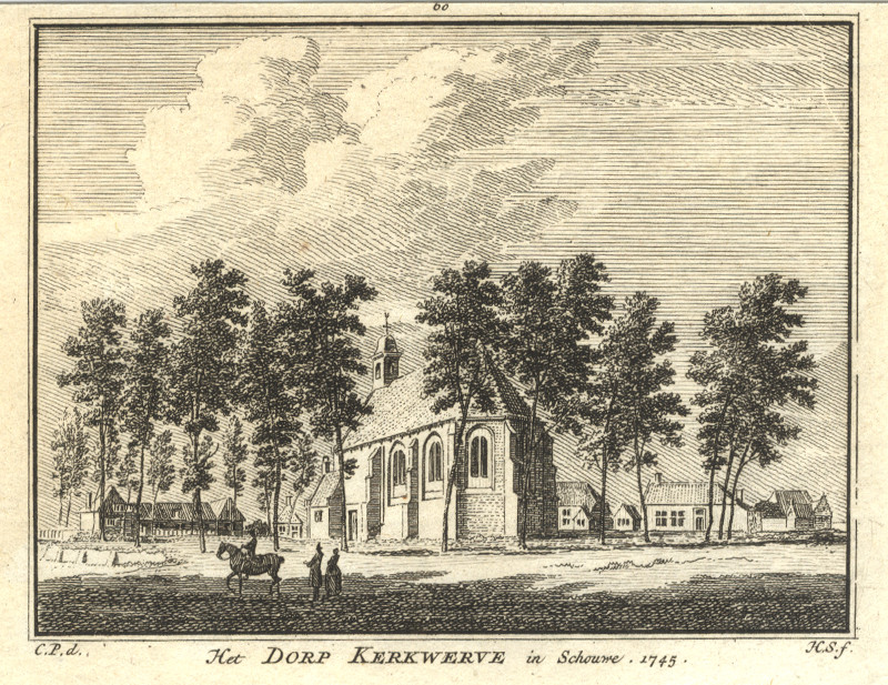 afbeelding van prent Het dorp Kerkwerve in Schouwe 1745 van H. Spilman, C. Pronk (Kerkwerve)