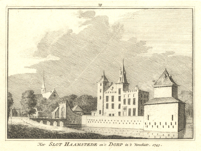 afbeelding van prent Het Slot Haamstede en ´t Dorp in ´t Verschiet. 1743 van H. Spilman, C. Pronk (Haamstede)