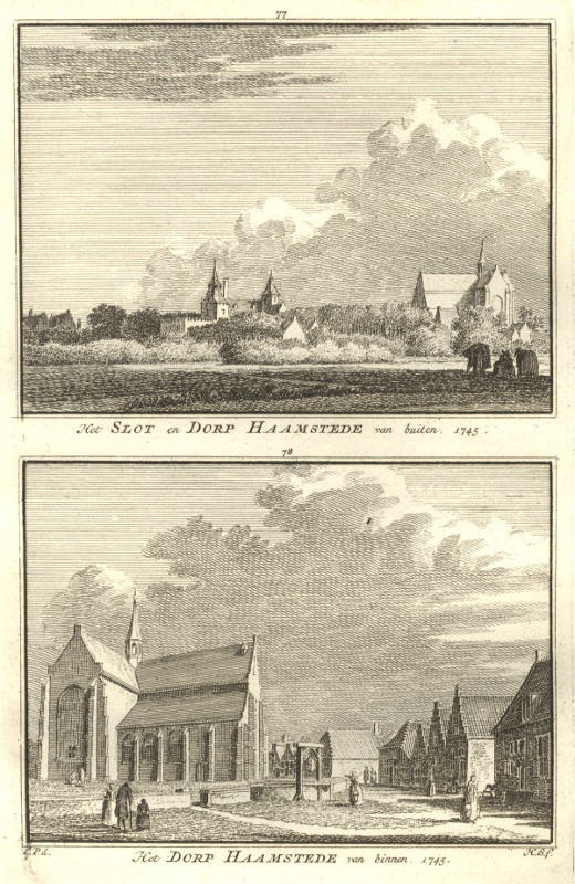 afbeelding van prent Het Slot en Dorp Haamstede van buiten; Het Dorp Haamstede van binnen. 1745 van H. Spilman, C. Pronk (Haamstede)