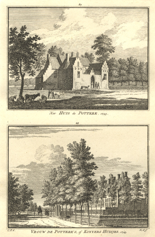 afbeelding van prent Het Huis de Pottere; Vrouw de Pottere´s of Konyers Huisjes van H. Spilman, C. Pronk (Noordgouwe)