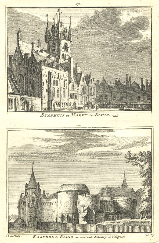 afbeelding van prent Stadhuis en Markt te Sluis; Kasteel te Sluis na eene oude Schilderij op ´t Kasteel van H. Spilman, A. de Haen (Sluis)