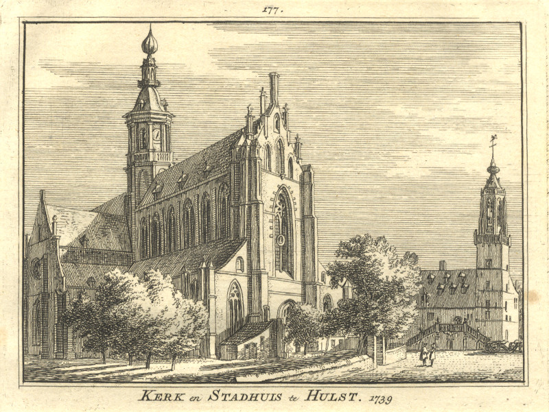 afbeelding van prent Kerk en Stadhuis te Hulst. 1739 van H. Spilman, A. de Haen (Hulst)