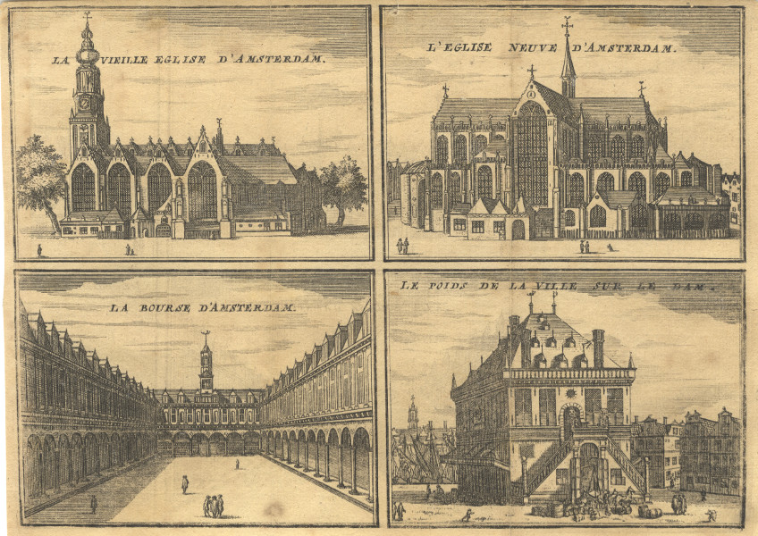 afbeelding van prent La Vieille Eglise , L´Eglise Neuve, La Bourse, Le poids de la Ville  van P. Devel (Amsterdam)