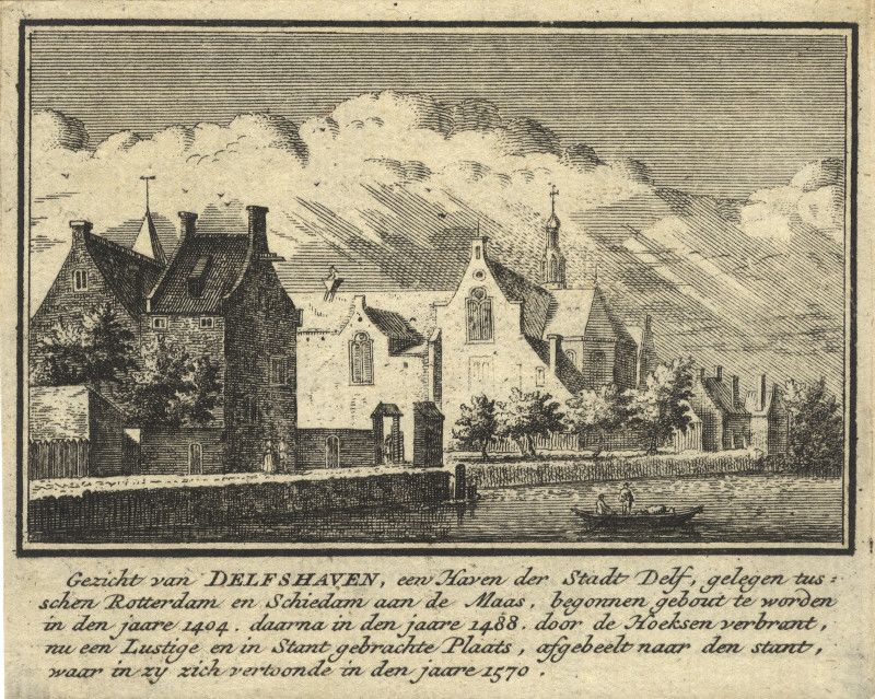 afbeelding van prent Gezicht van Delfshaven, een Haven der stadt Delf van J.M. Bregmagher, naar A. Rademaker (Rotterdam)