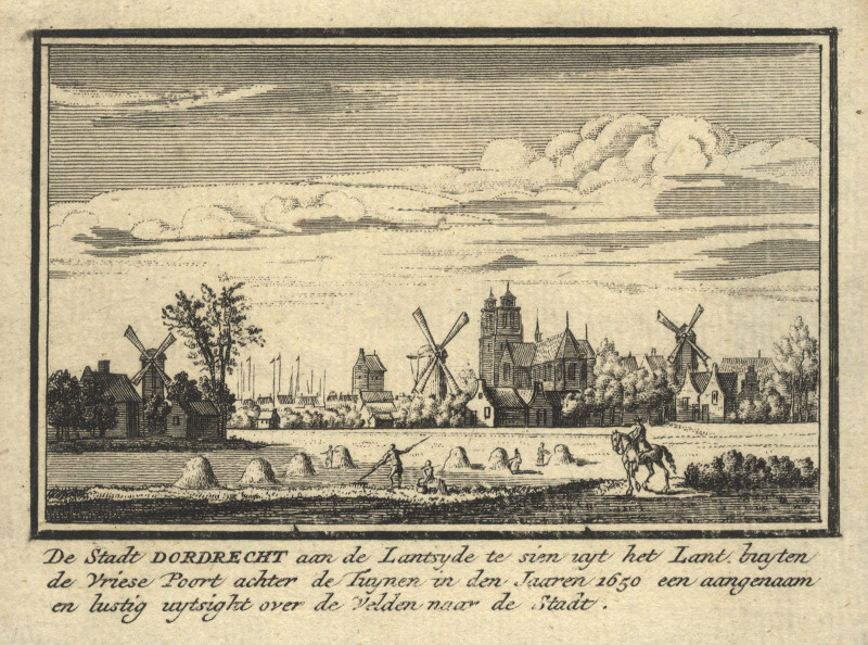 afbeelding van prent De Stadt Dordrecht aan de Lantsyde te sien van J.M. Bregmagher, naar A. Rademaker (Dordrecht)