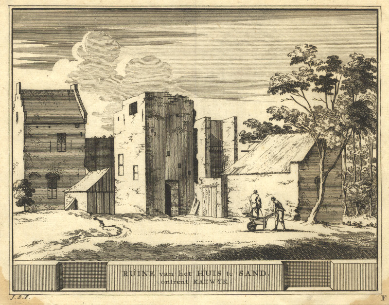 afbeelding van prent Ruine van het Huis te Sand, ontrent Katwyk van J. Schijnvoet, naar R. Roghman (Katwijk)