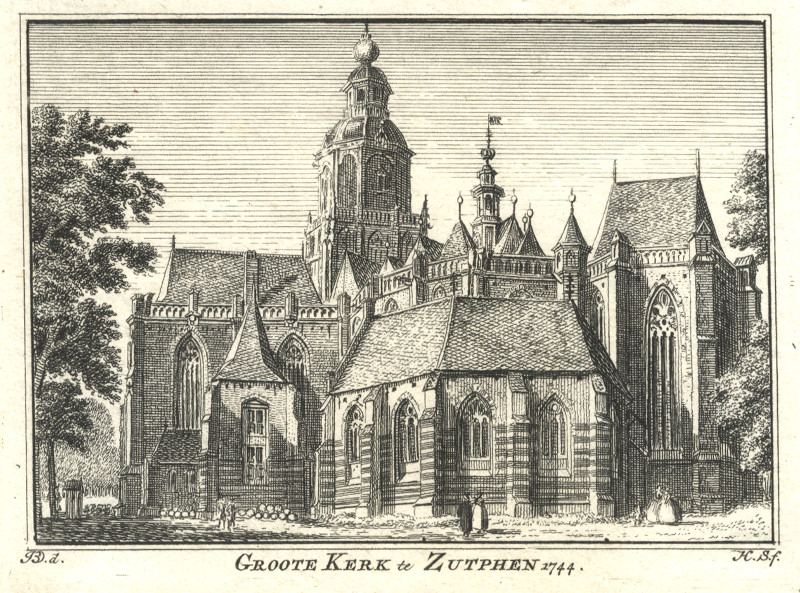 afbeelding van prent Groote Kerk te Zutphen 1744 van H. Spilman, J. de Beijer (Zutphen)