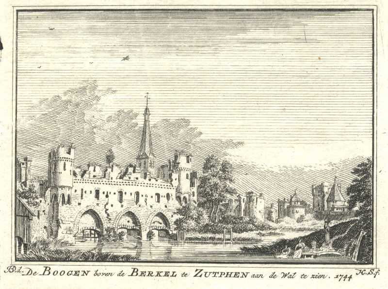 afbeelding van prent De Boogen boven de Berkel te Zutphen aan de Wal te zien.  1744 van H. Spilman, J. de Beijer (Zutphen)