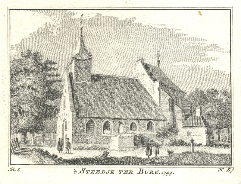 afbeelding van prent ´t Steedje Ter Burg 1743 van H. Spilman, J. de Beijer (Terborg)