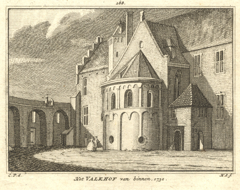 afbeelding van prent Het Valkhof van binnen, 1732 van H. Spilman, C. Pronk (Nijmegen)