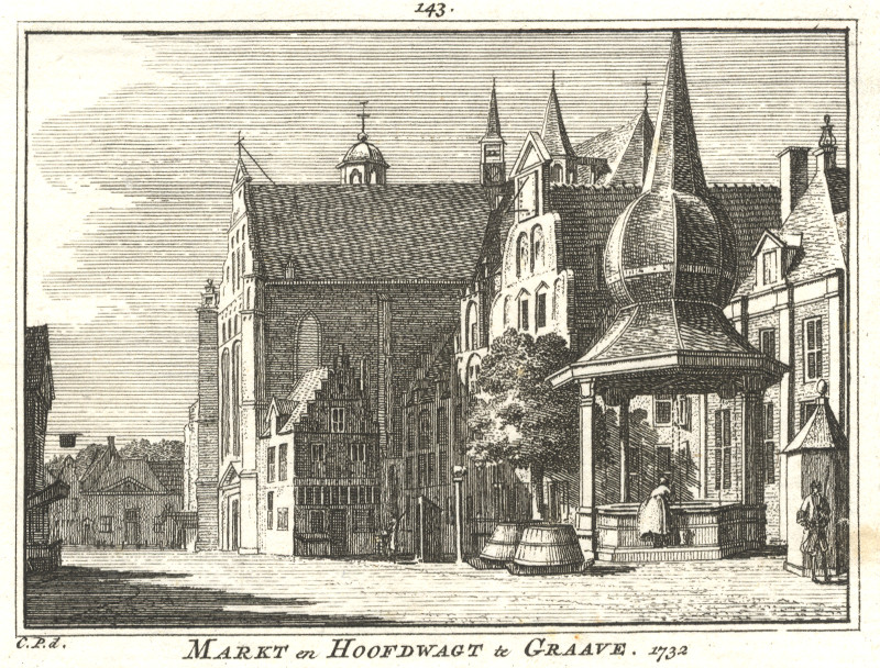 afbeelding van prent Markt en Hoofdwagt te Graave. 1732 van C. Pronk (Grave)
