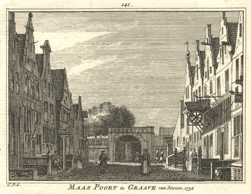 afbeelding van prent Maas Poort te Graave van binnen. 1732 van C. Pronk (Grave)