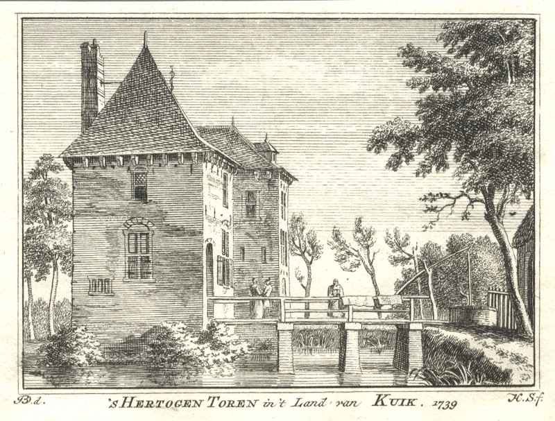 afbeelding van prent ´s Hertogen Toren in ´t Land van Kuik. 1739 van H. Spilman, J. de Beijer (Cuijk)
