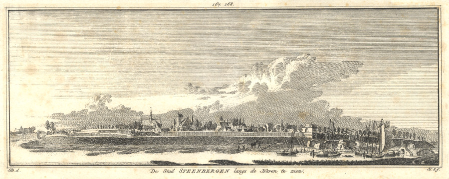afbeelding van prent De Stad Steenbergen langs de Haven te zien van H. Spilman, J. de Beijer (Steenbergen)