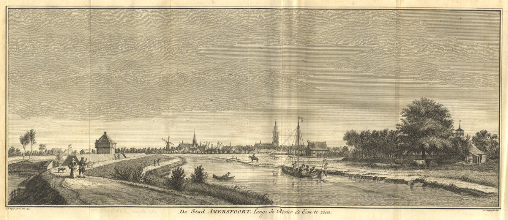 afbeelding van prent De Stad Amersfoort, Langs de Rivier de Eem te zien van J.C. Philips naar J. de Beijer (Amersfoort)